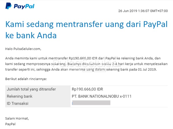 Email Notifikasi Transfer Uang PayPal ke Bank Lokal