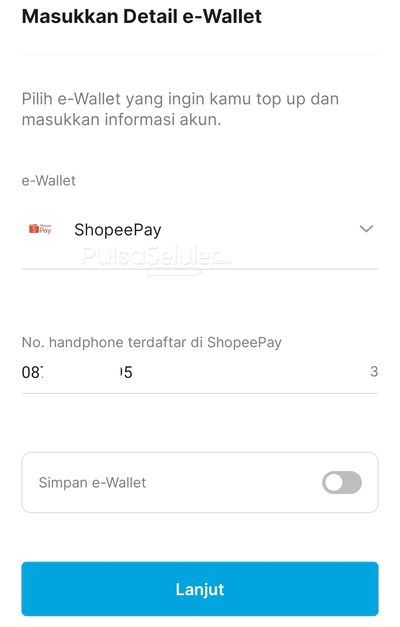 Pilih e-Wallet ShopeePay yang ingin Anda isi saldonya